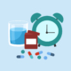 Medicine time concept. Medicine bottle, capsules, pills, a glass of water and clock in flat design. Medication time.